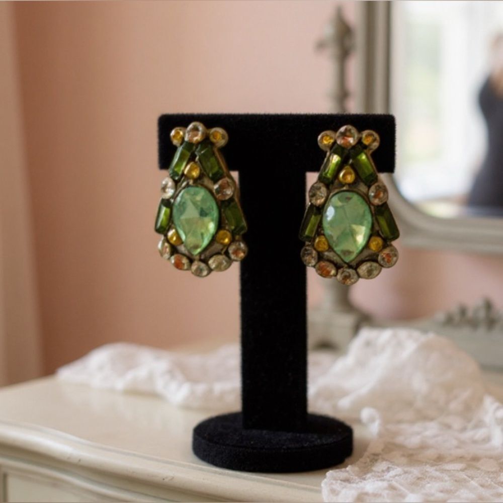 Vintage “Made in Austria” rhinestone clip-ons w/ green art glass cabochons